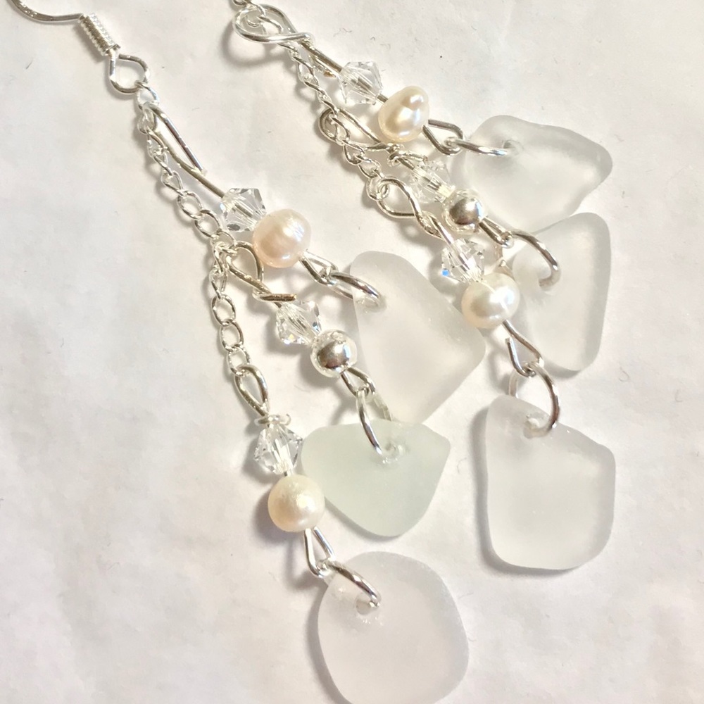 Chandelier Seaglass, Swarovski Crystal, Earrings